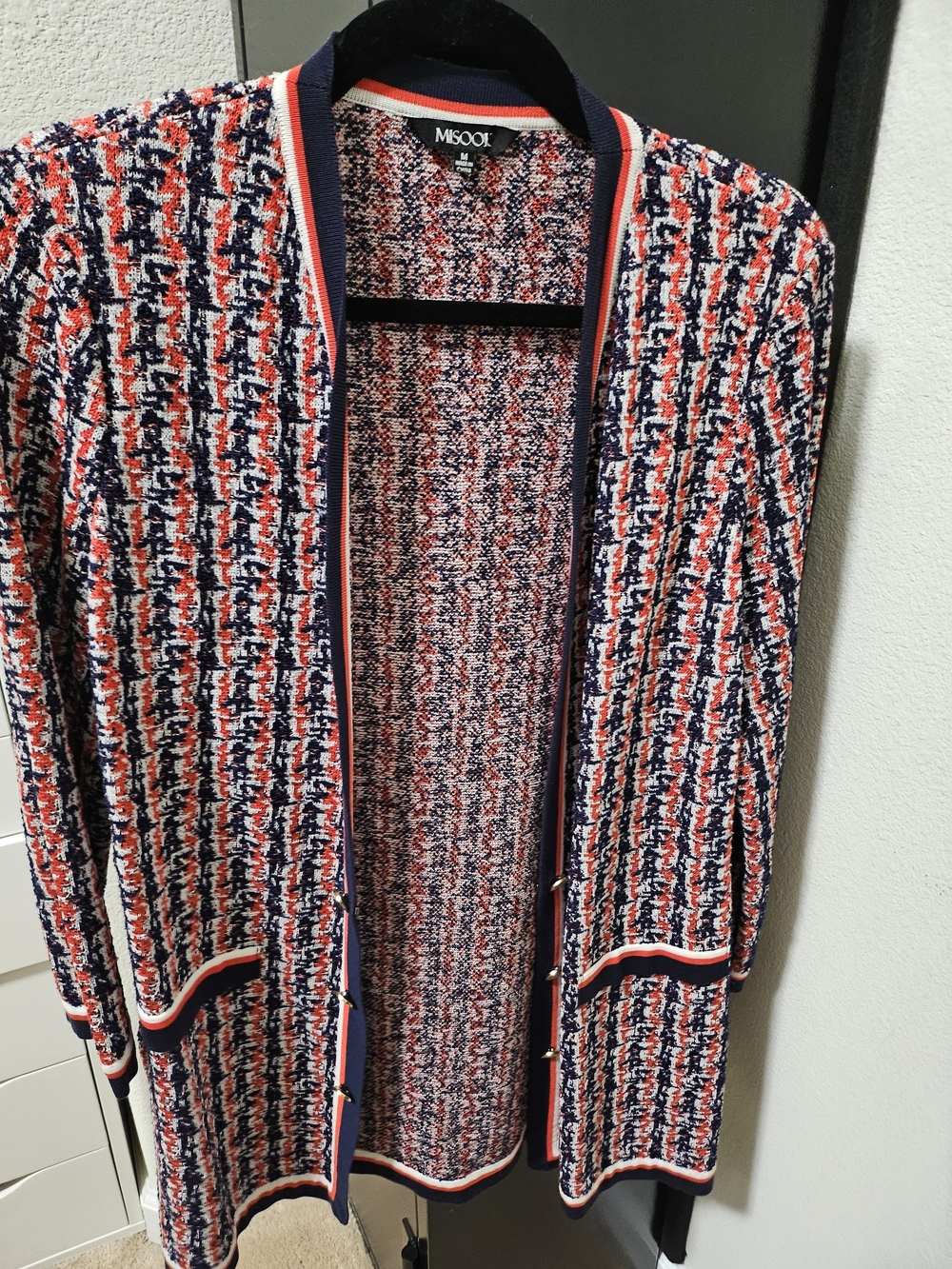 Misook Multicolor Tweed Like Knit Open Cardigan Jacket - Navy/Red/White